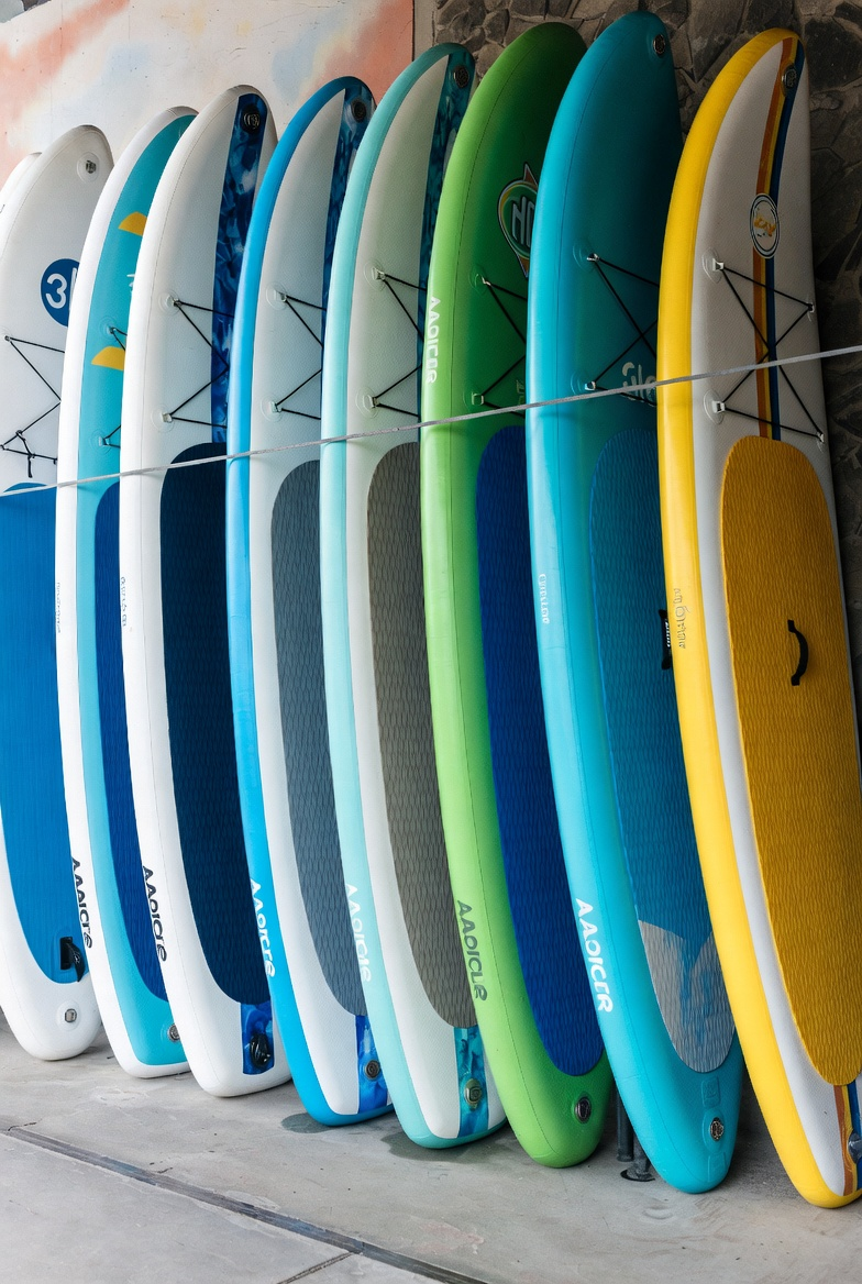 Row of paddleboards in blue, green and yellow against a stone wall
